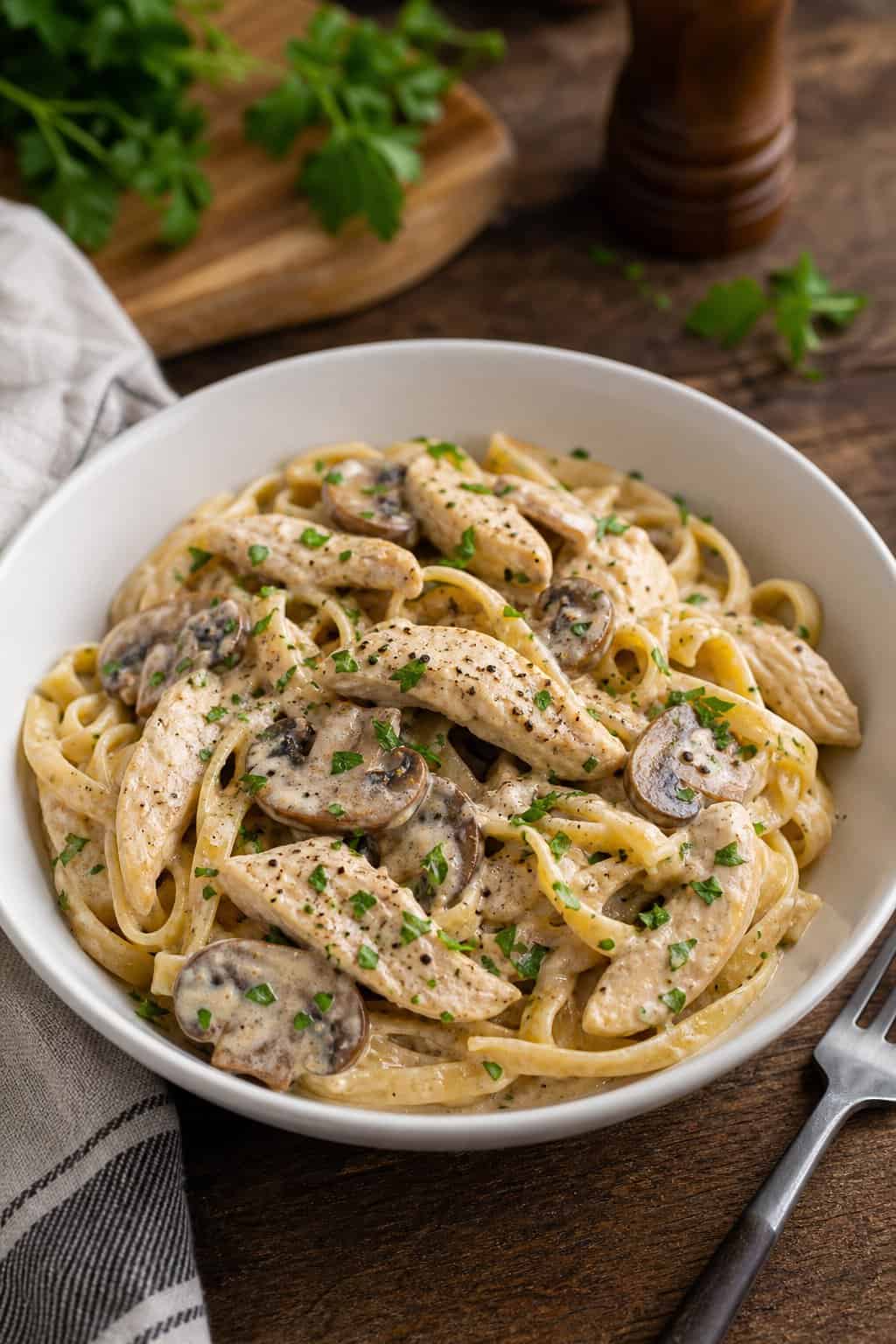 Hearty and Healthy Chicken Mushroom Pasta in a Creamy Herb Sauce