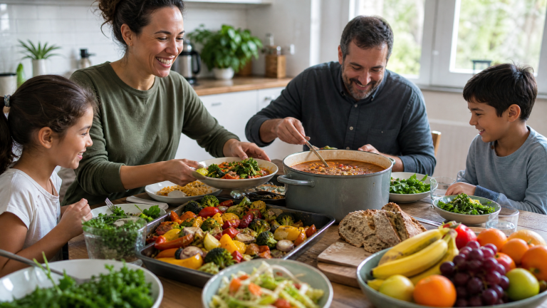 Family enjoying a healthy home-cooked meal on a budget