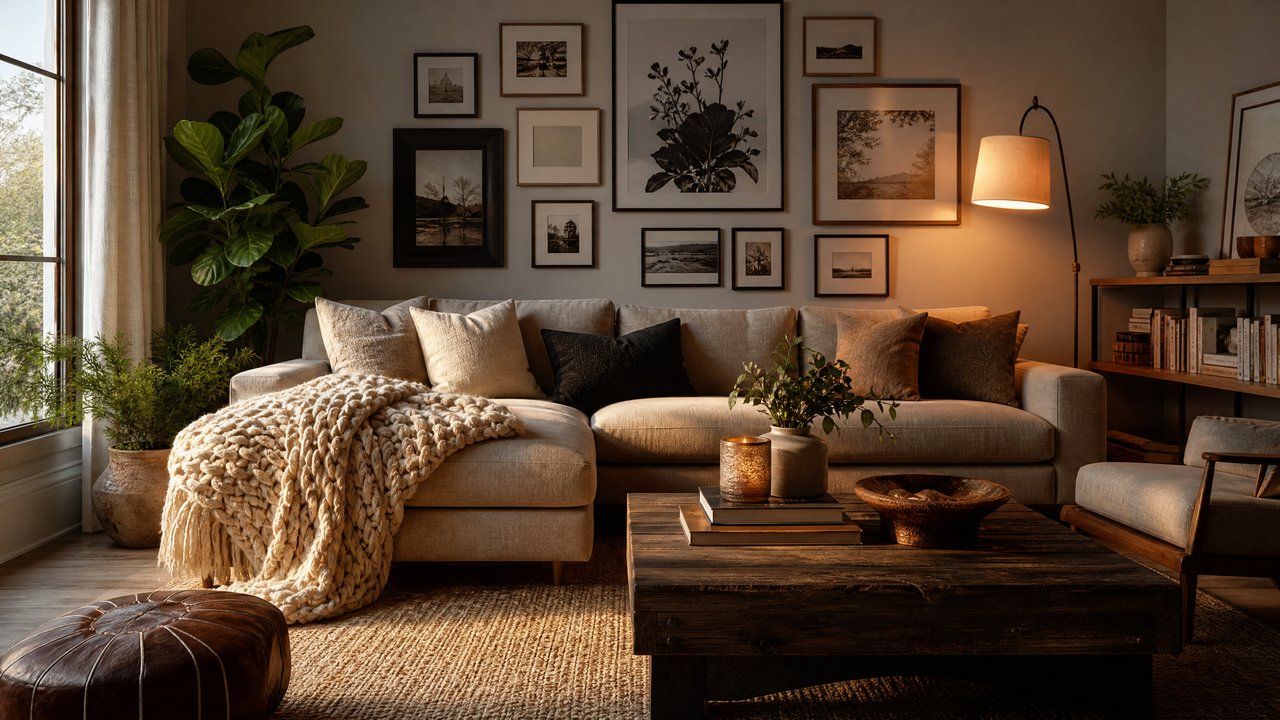 Warm cozy living room with gallery wall and chunky knit throw