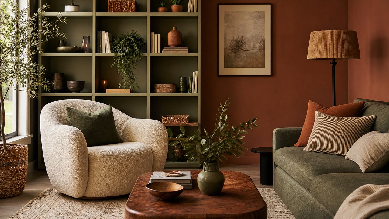 Stylish living room with boucle armchair and terracotta accents