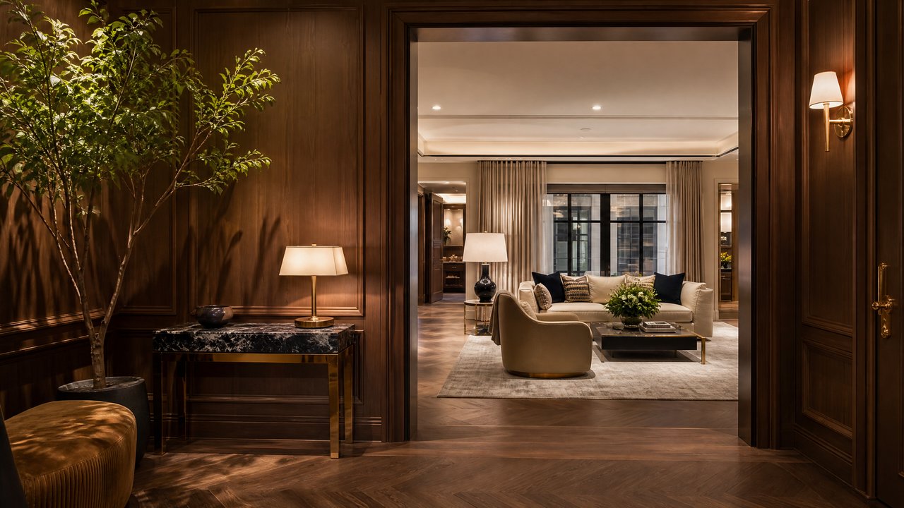 Luxurious home interior with wood paneling and marble console table