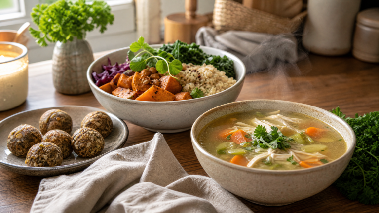Nourishing postpartum dinner spread with grain bowl and bone broth soup