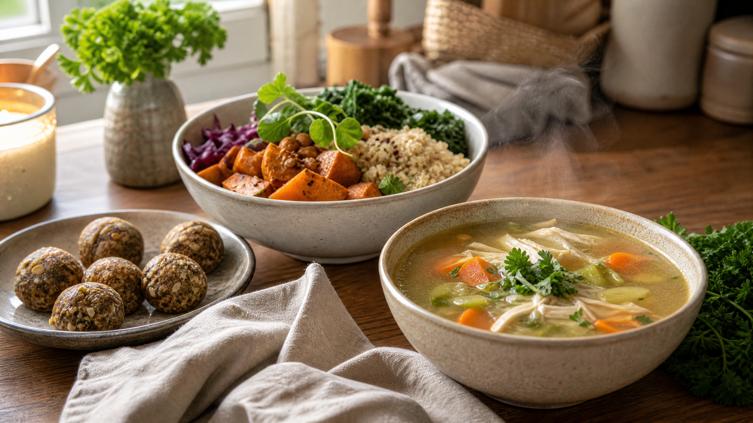 Nourishing postpartum dinner spread with grain bowl and bone broth soup