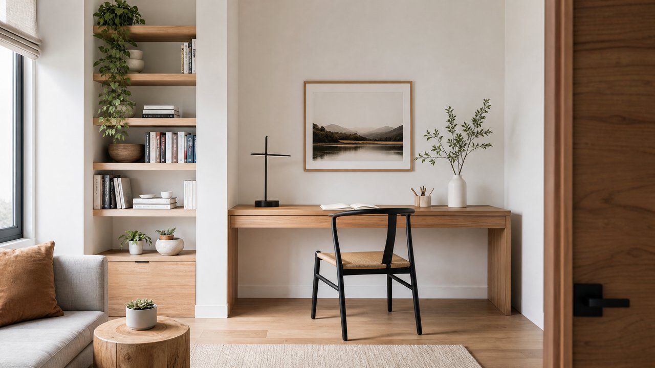 Minimalist organized small room with floating shelves and natural light