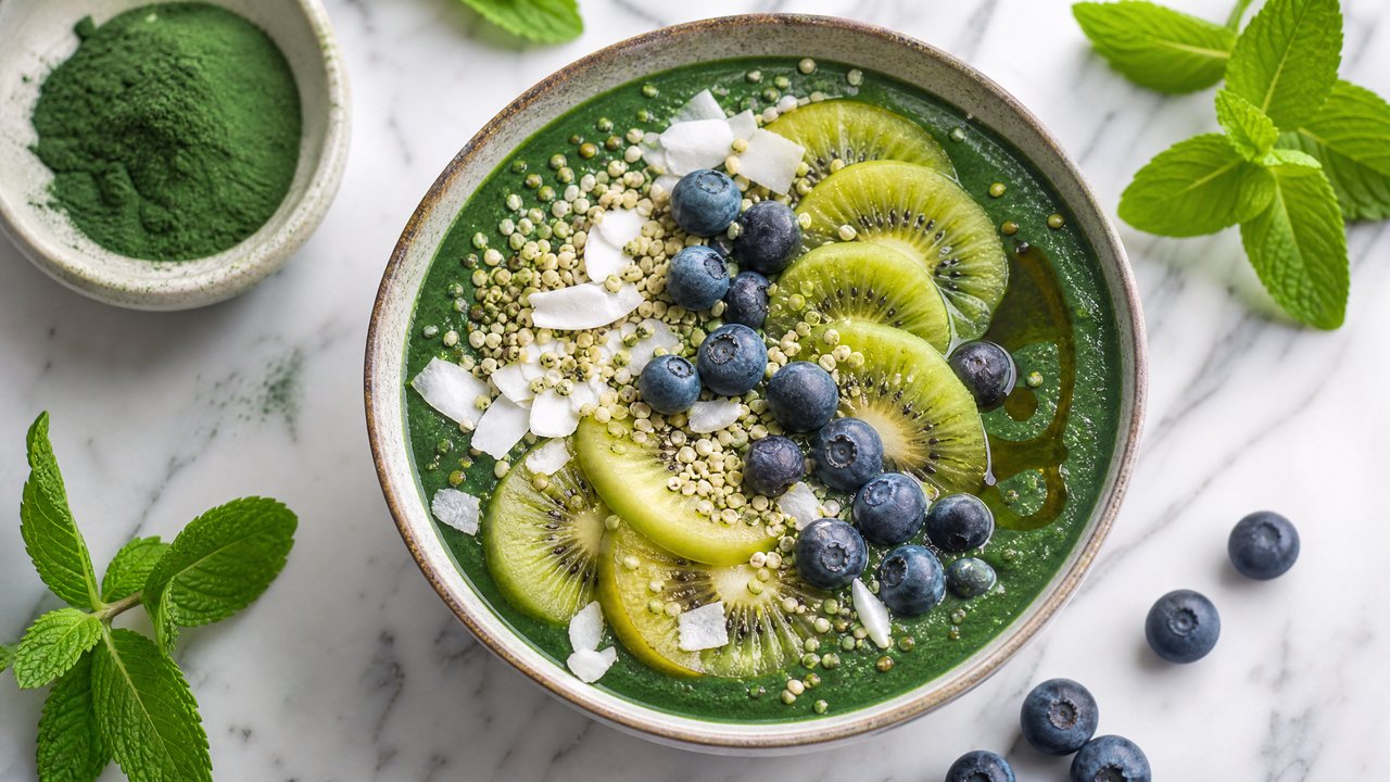Vibrant green spirulina smoothie bowl topped with kiwi and blueberries