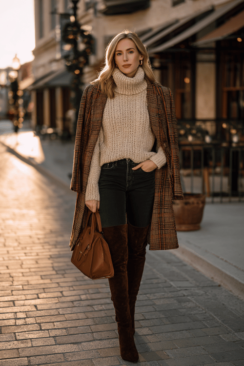 Fall Business‑Casual for Women Over 50: Cream Turtleneck + Plaid Coat