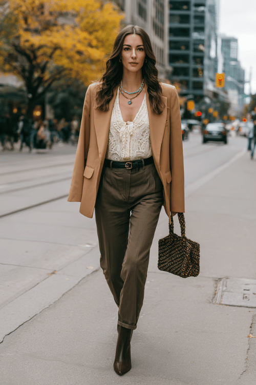 Oversized Camel Blazer with White Lace-Up Blouse and High-Waisted Brown Trousers