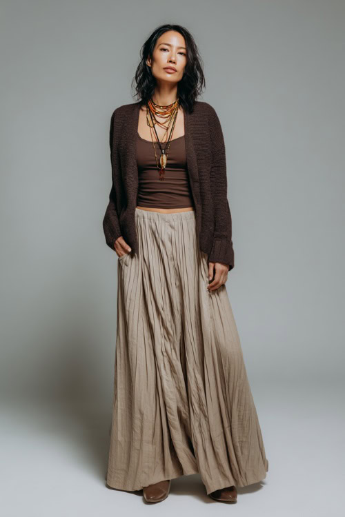 Fitted Brown Tank, Cropped Lightweight Knit Cardigan & Beige Pleated Maxi for a Long Business-Casual Day