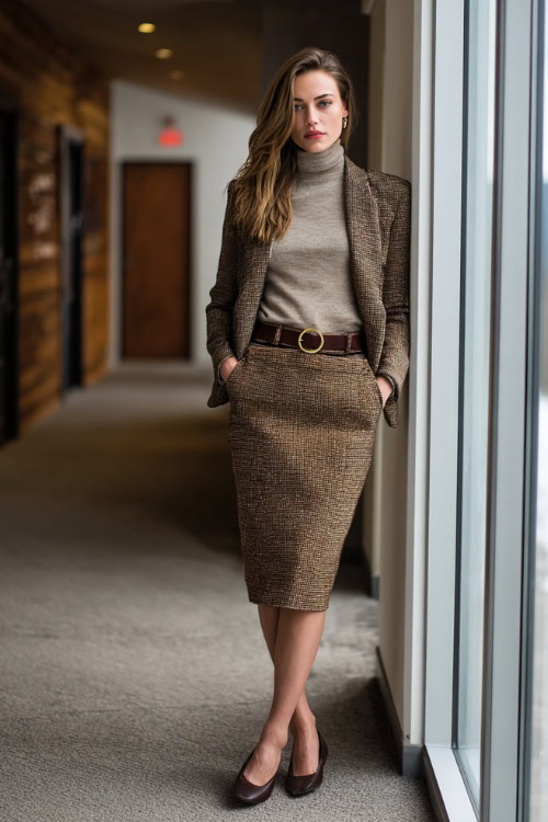 Brown Tweed Pencil Skirt & Matching Blazer with Light Beige Turtleneck for Office Meetings