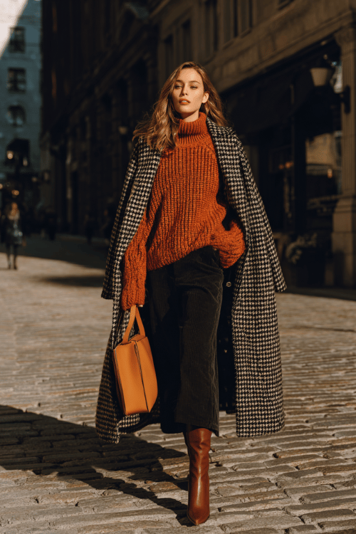 Workday Warmth: Chunky Knit + Wide-Leg Trousers and Boots