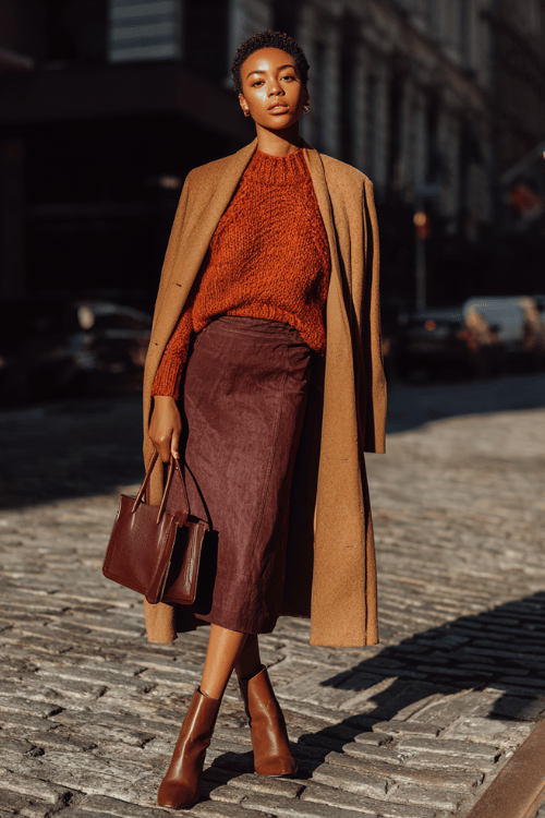 Fall Business-Casual: Polished Chunky Knit + High-Waisted A-Line Skirt