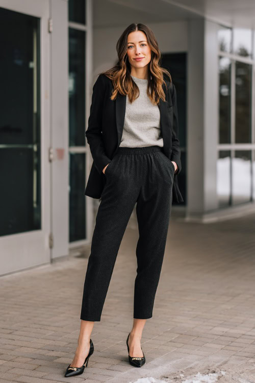 Tonal Structured Blazer with Tailored Jogger-Style Trousers (Soft Waistband) and Pointed-Toe Flats