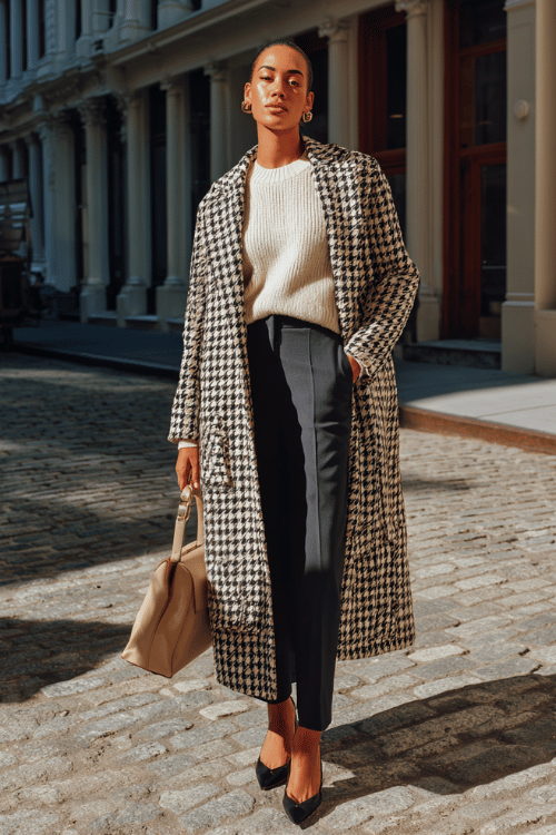Fall Business-Casual: Burgundy Knit + Camel A-Line Midi for Midsize Women