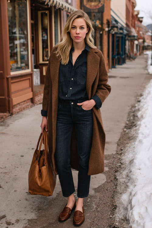 Long Tailored Brown Wool Coat with Dark-Wash Straight-Leg Jeans and Leather Loafers