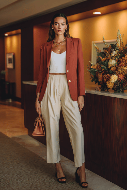 Polished Fall Business-Casual: Terracotta Blazer and Tailored Trousers