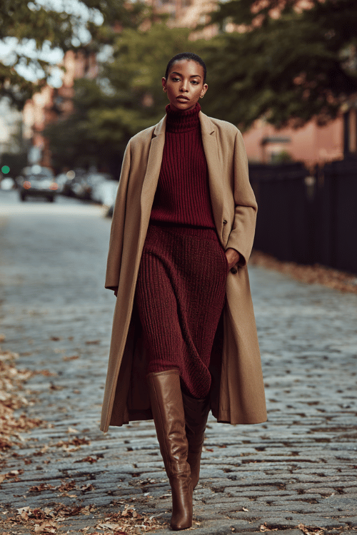 Fall Business-Casual: Navy Sweater Dress with Rust Blazer