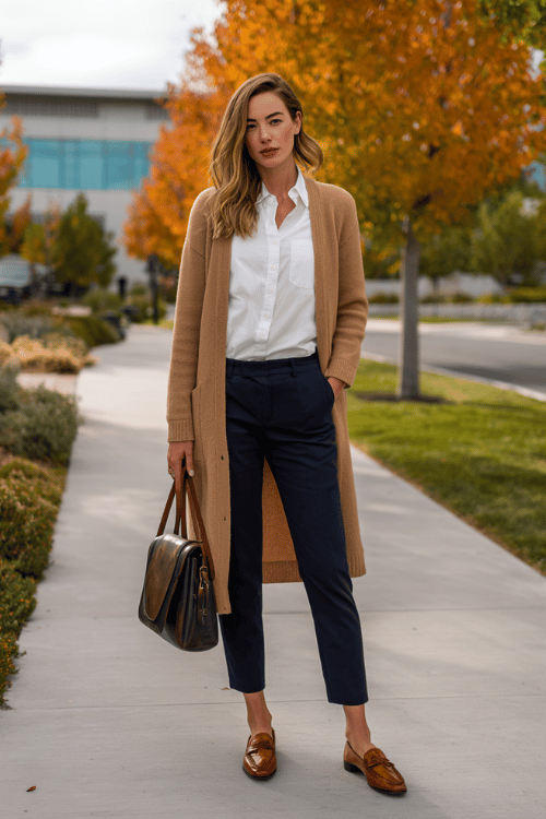 Classy Camel Cardigan Outfit for Women Over 50 — Fall Business Casual
