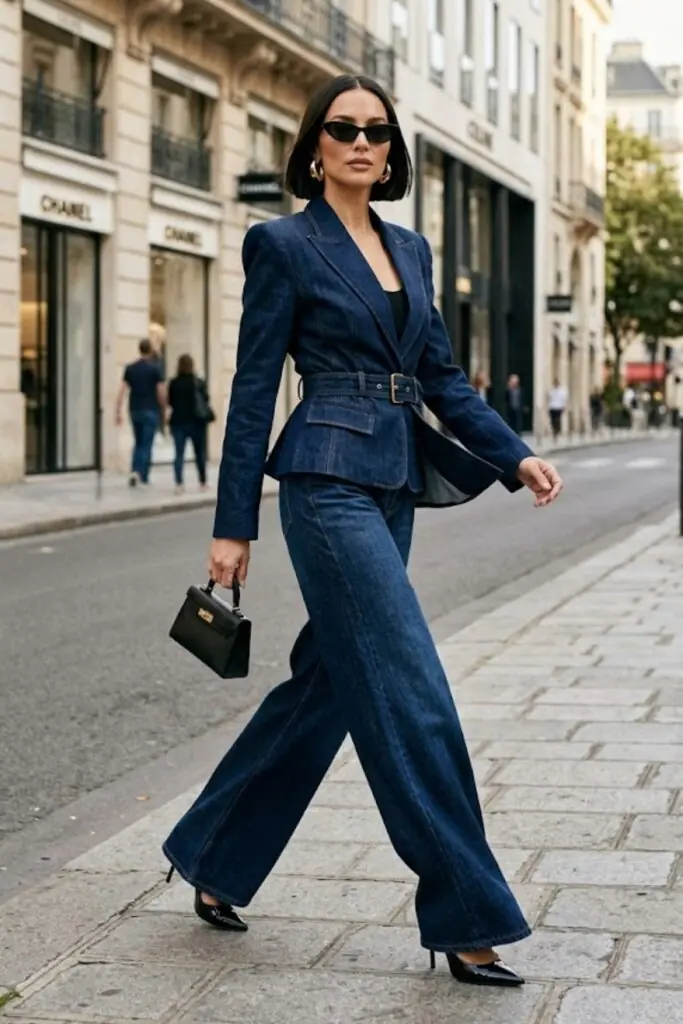 Tailored Indigo Denim: Belted Blazer with Wide-Leg Jeans