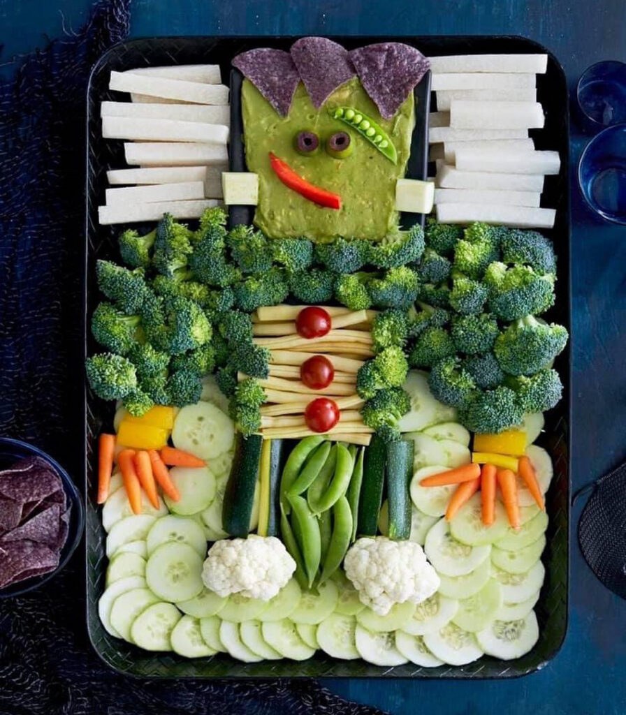Frankenstein Guac Cauldron with Broccoli “Hair”