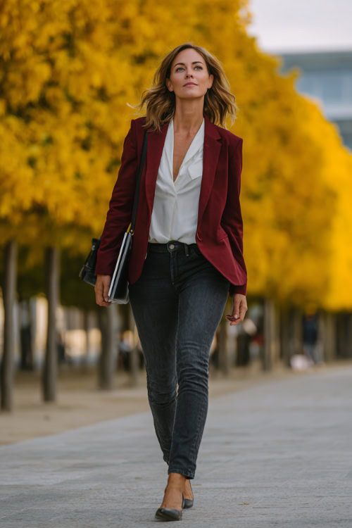Burgundy Blazer + Grey Denim: A Polished Fall Business-Casual Formula for Women Over 40