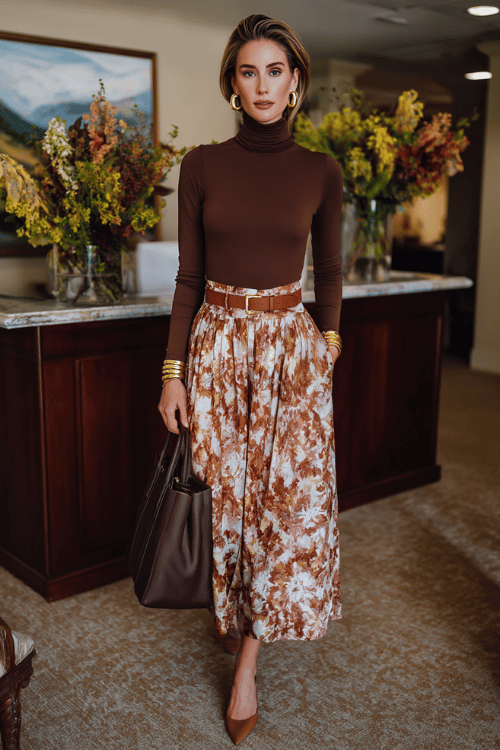 Fitted Chocolate Brown Turtleneck with Flowy Floral Maxi Skirt