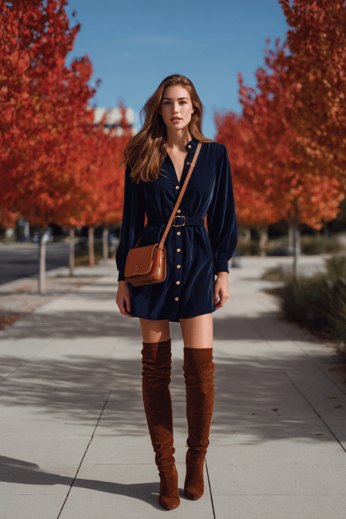 Fall Workday Dresses: How to Wear a Shirt Dress with Tall Boots for a Polished Office Look