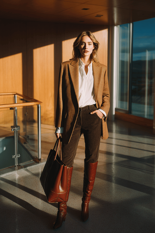 Fall Business-Casual with Boots: Camel Blazer, Straight Trousers & Knee-High Boots
