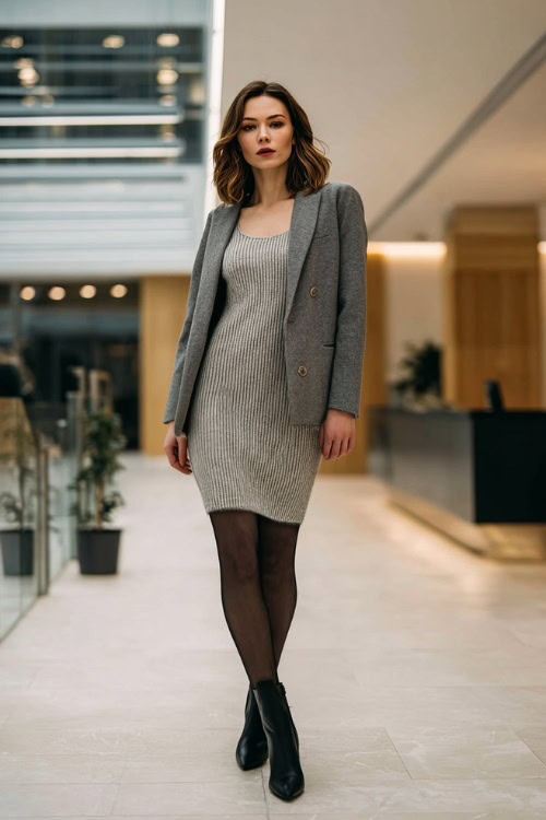Fitted Ribbed Knit Midi Dress with Tailored Structured Blazer and Sleek Heeled Ankle Boots