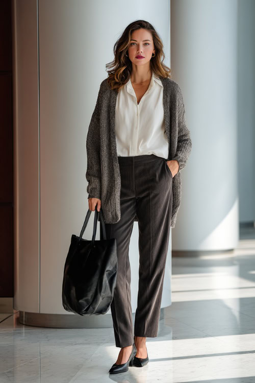 Textured Tailored Cardigan with Crisp White Button-Up, Straight-Leg Trousers, Polished Leather Flats and Large Tote