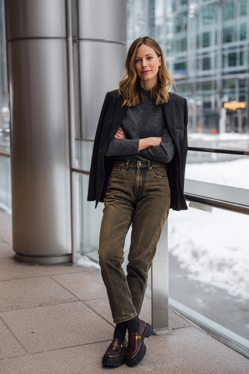 Dark-Wash Straight-Leg Jeans with Structured Black Blazer and Chunky Leather Loafers