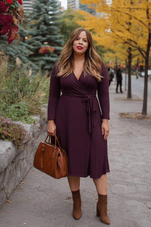 Olive Midi Sweater Dress + Camel Coat: Fall Business-Casual Outfit for Plus-Size Women