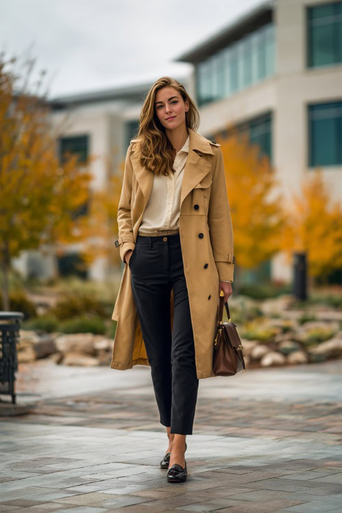 Fall Business-Casual: Trench, Cream Shirt, and Tailored Trousers That Work All Day