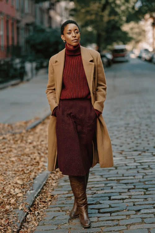 Classy Burgundy and Camel Fall Outfit Ideas for Women Over 50