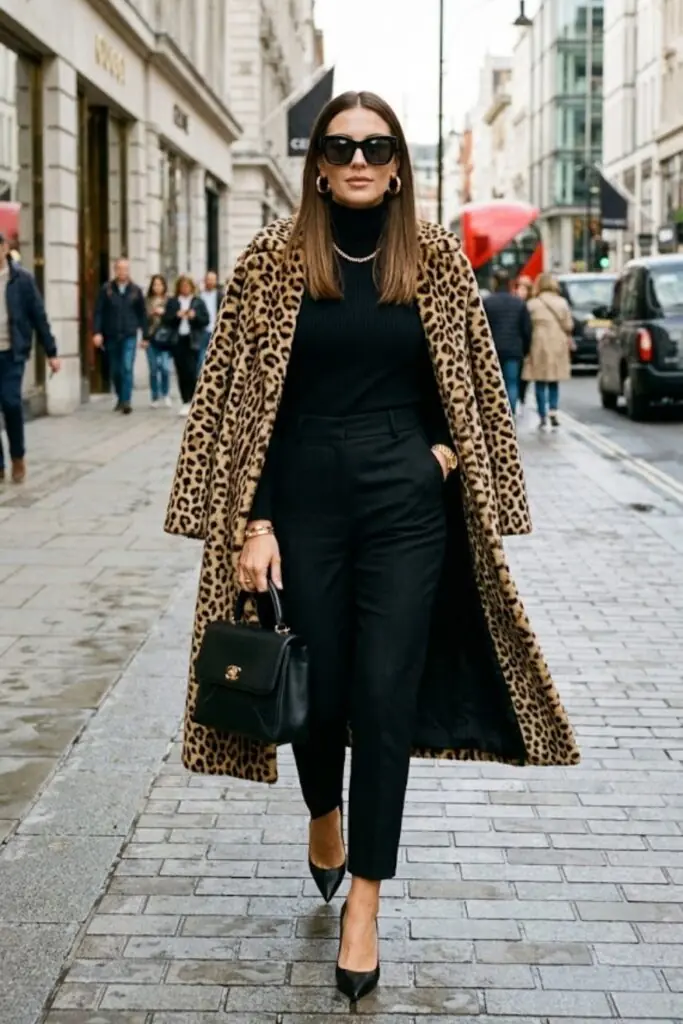 Leopard Coat Over Minimalist Black for Quiet Authority