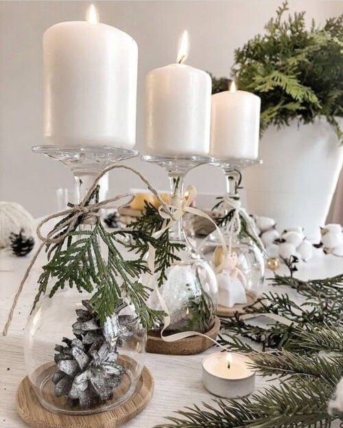 Stemmed Glass Candle Pedestals with Pine & Greenery