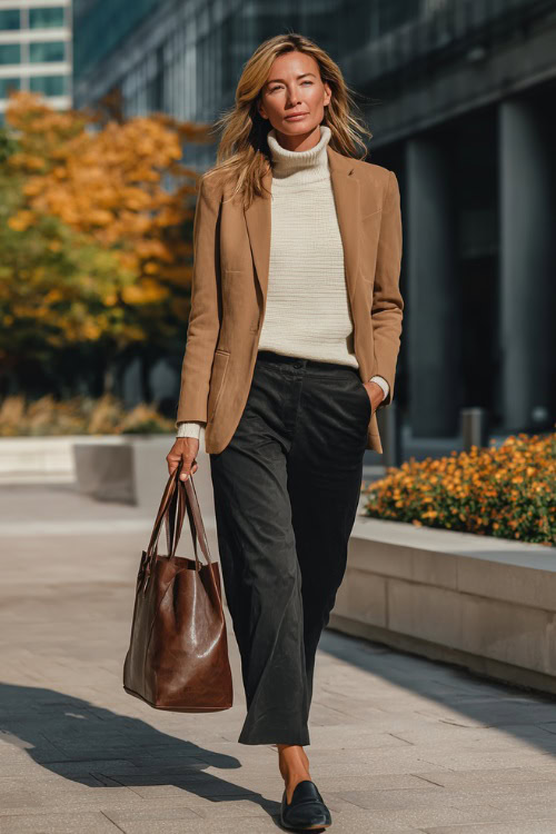 Effortlessly Chic Fall Business‑Casual: Cream Turtleneck + Camel Blazer for Women Over 40