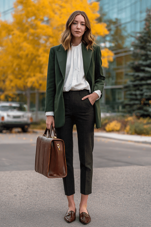 Forest Green Blazer + Dark Wash Trousers: An Easy Fall Business-Casual Formula for Women Over 50