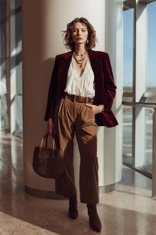 Burgundy Velvet Blazer with Cream Crochet Blouse and Cropped Brown Corduroy Trousers