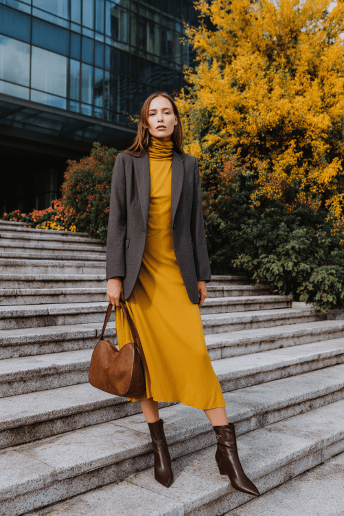 Business-Casual Dresses: Styling a Mustard Midi and Longline Blazer for Fall