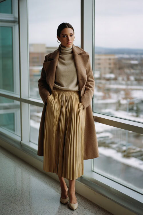 Soft Pleated Midi Skirt in Warm Neutral Tone with Cozy Turtleneck and Tailored Wool Coat