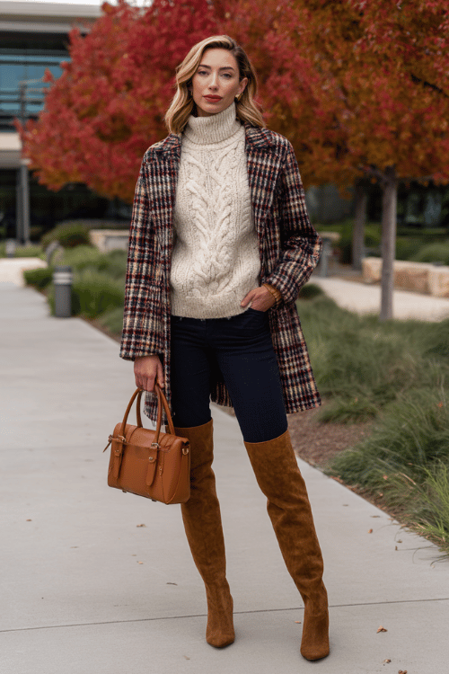 Fall Business-Casual with Boots: Turtleneck, Tailored Trousers & Coat