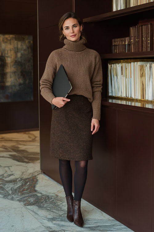 Cozy Turtleneck Tuck with Knee-Length Wool Tweed Skirt and Leather Ankle Boots