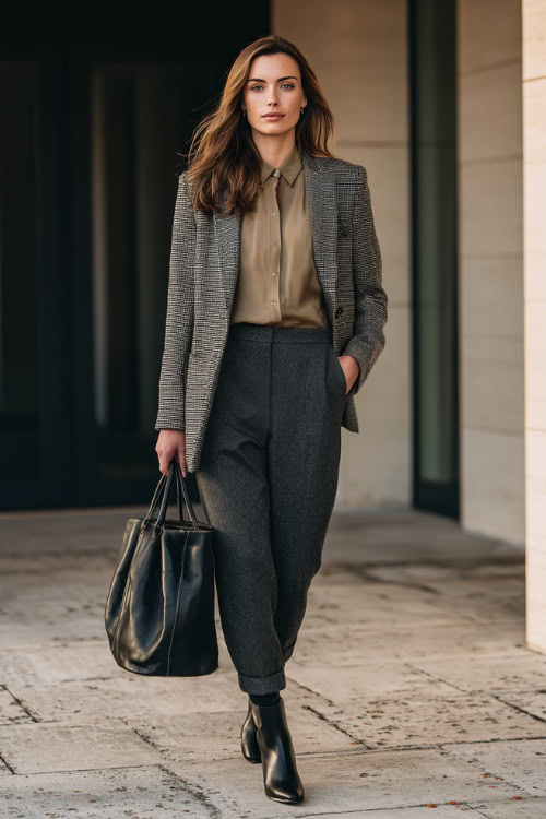 Tailored Tweed Blazer with Neutral Button-Up, High-Waist Pleated Trousers, Polished Ankle Boots, and Structured Leather Handbag for Meeting Days