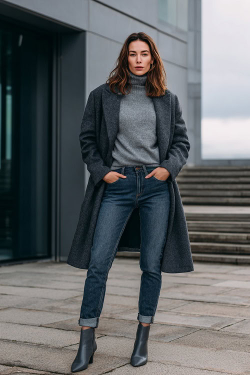 Classic Blue Slim-Fit Cropped Jeans with Fitted Turtleneck and Structured Soft Gray Wool Coat