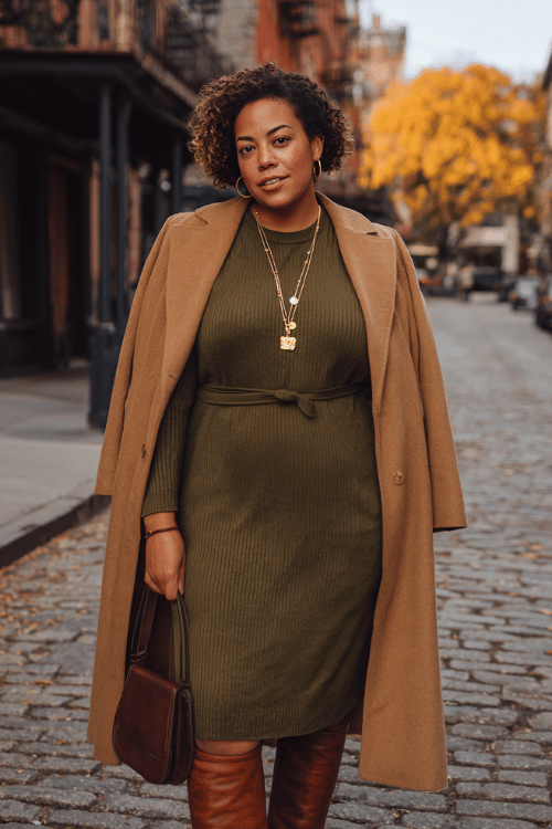 Mustard Wrap Midi Dress: Fall Business-Casual Ideas for Plus-Size Women