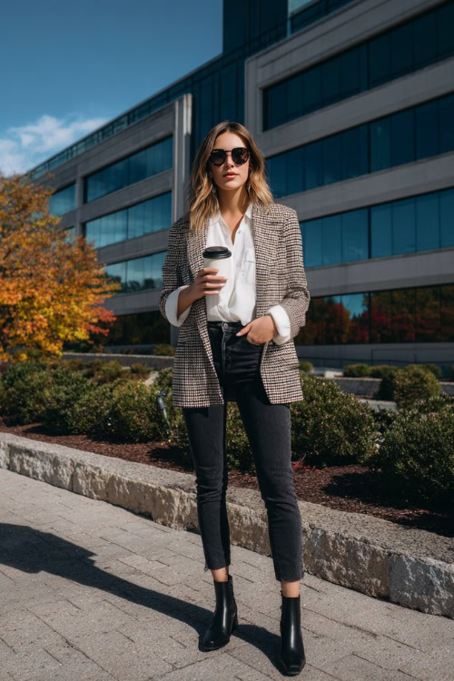 Fall Business-Casual: Checked Blazer with Dark Jeans for Work