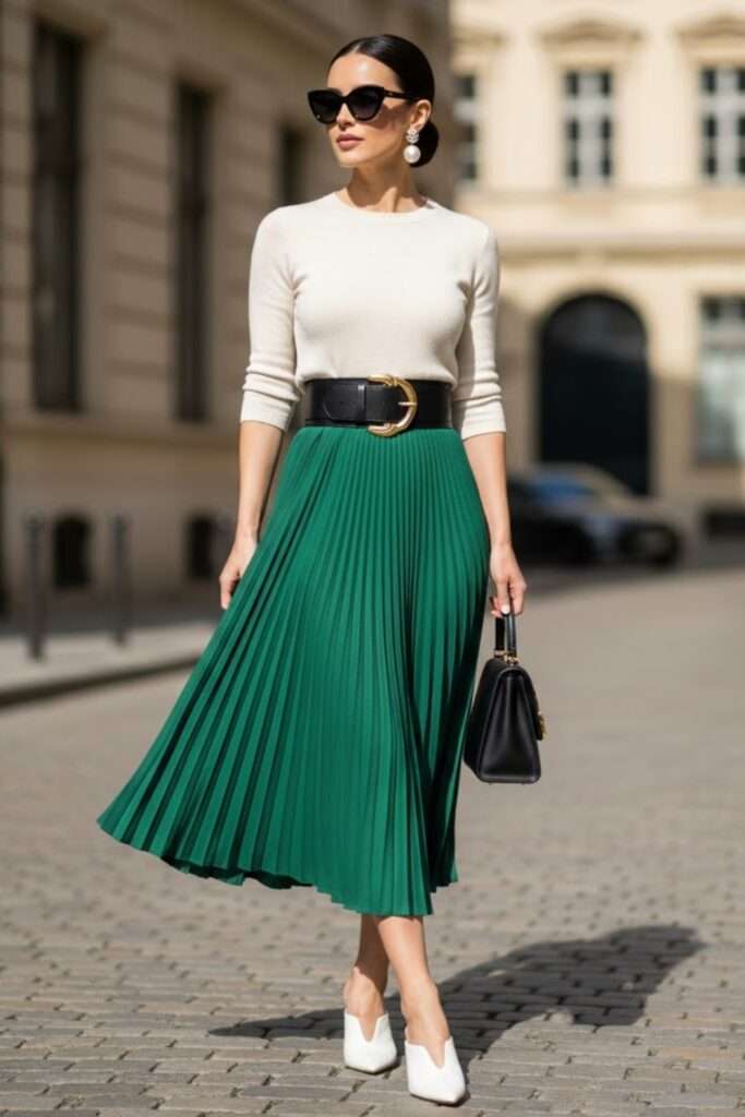 Pleated Midi with a Fresh Green Pop