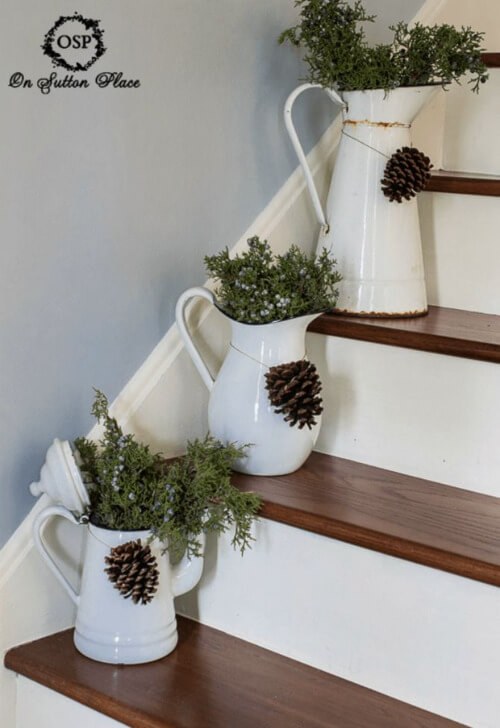 Winter Green in Rustic Pitchers