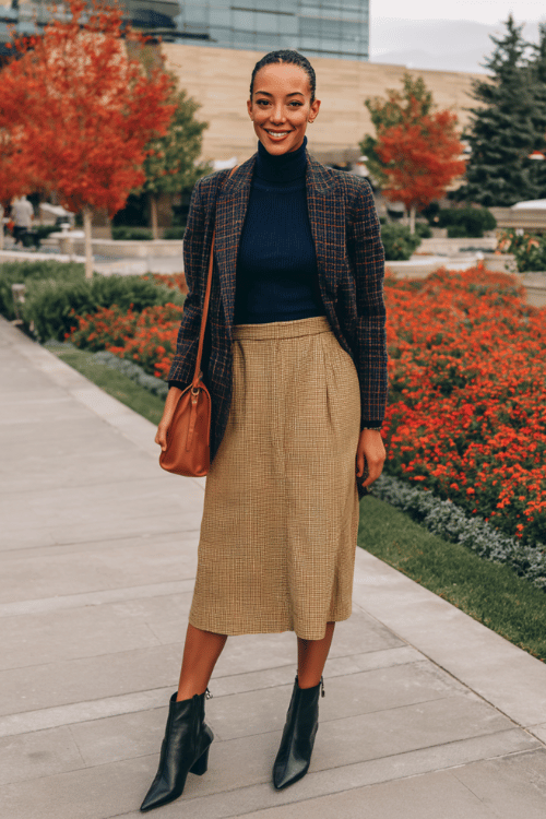 Timeless Fall Workwear: Navy Turtleneck + Caramel Tweed A-Line