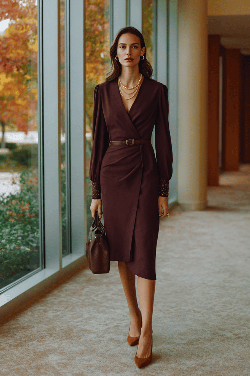 Dark Plum Wrap Midi Dress with Long Puff Sleeves and Structured Brown Handbag
